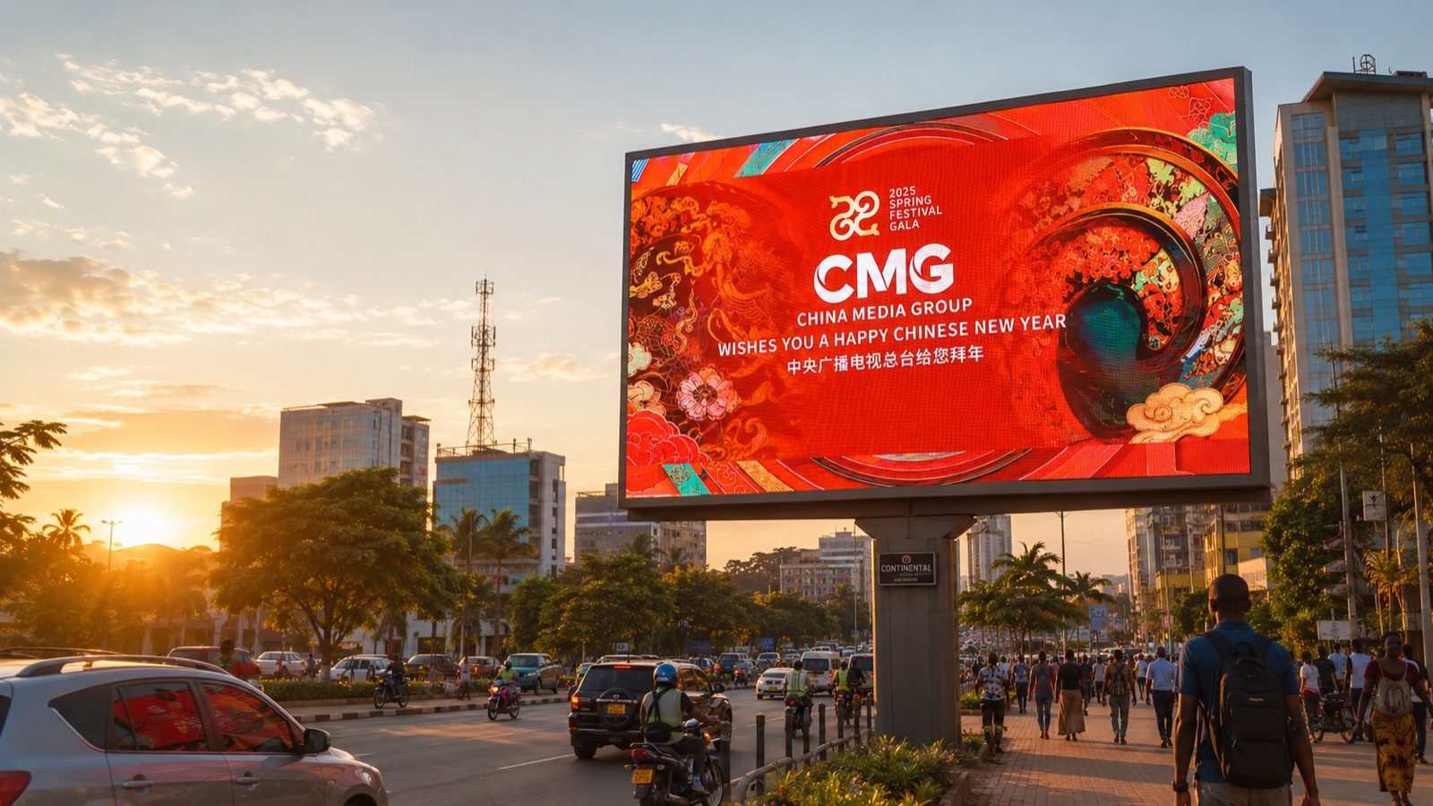 A large roadside digital billboard at sunset in an African city running a Chinese New Year creative above busy traffic and pedestrians