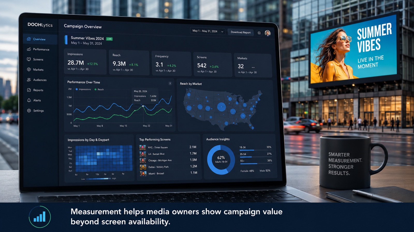 A campaign dashboard on a laptop showing impressions, reach, frequency, screens and audience insights, captioned "Measurement helps media owners show campaign value beyond screen availability"