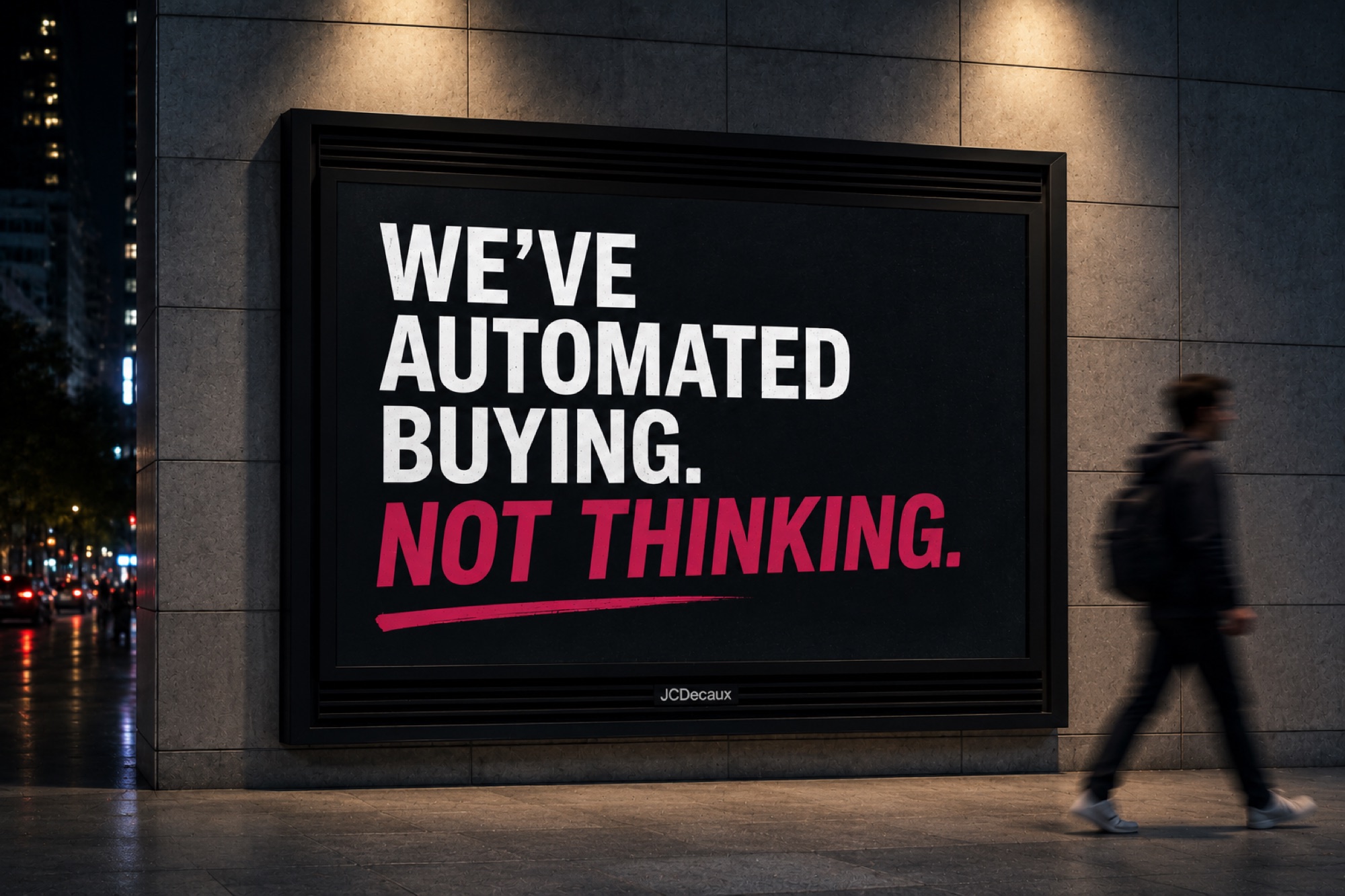 A backlit street billboard at night reading "We've automated buying. Not thinking." as a pedestrian walks past