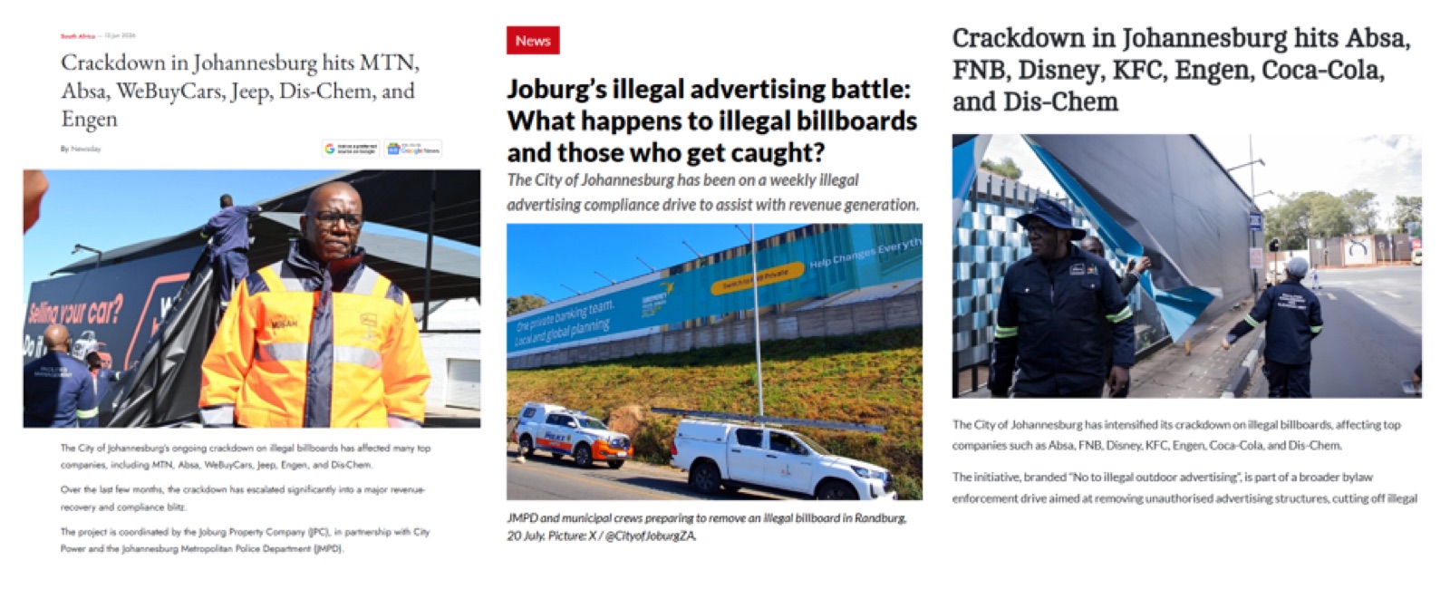 Three news headlines on the City of Johannesburg's crackdown on illegal billboards, with municipal crews removing unauthorised structures