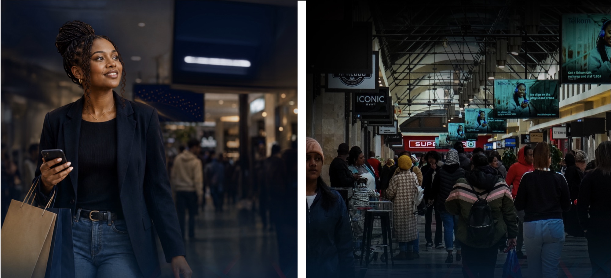 A shopper checking her phone in a mall beside a busy concourse lined with Mall TV digital screens