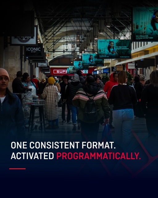 Mall concourse lined with digital screens, captioned "One consistent format. Activated programmatically."