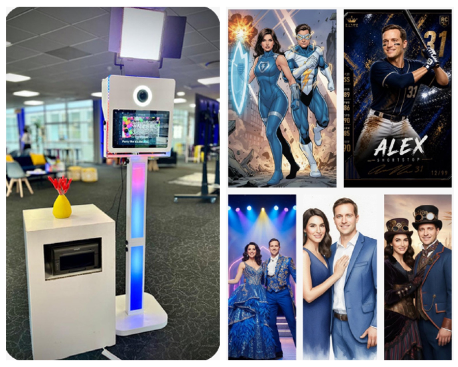 An AI photo station kiosk alongside examples of guests restyled as superheroes, a baseball star, stage performers and steampunk characters