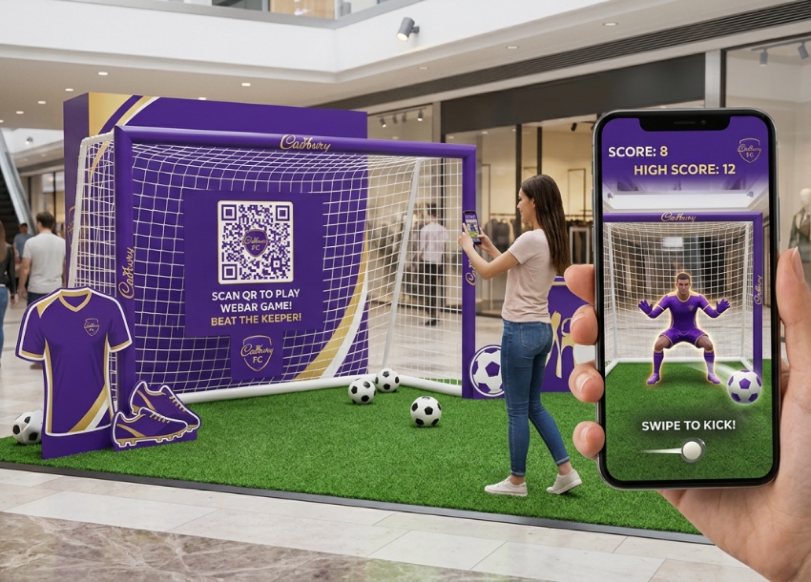 A shopper points her phone at a physical Cadbury FC goal in a mall while an animated goalkeeper appears in the net on screen