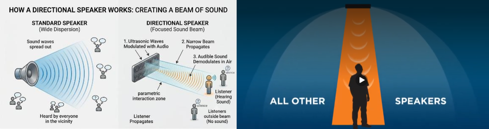 Diagram comparing a standard speaker's wide dispersion with a directional speaker's narrow ultrasonic beam heard only by the listener beneath it