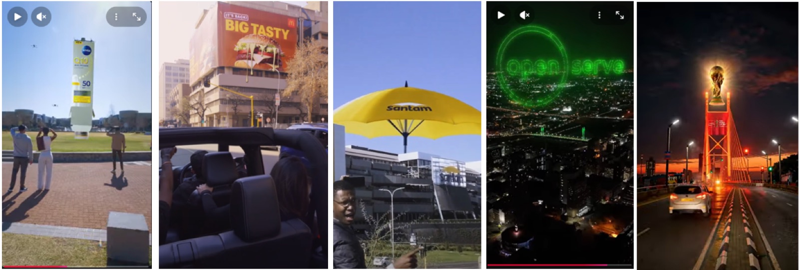Montage of FOOH video stills: a giant Big Tasty on a building, a colossal Santam umbrella over an office block, a glowing ring over a city and a lit-up bridge