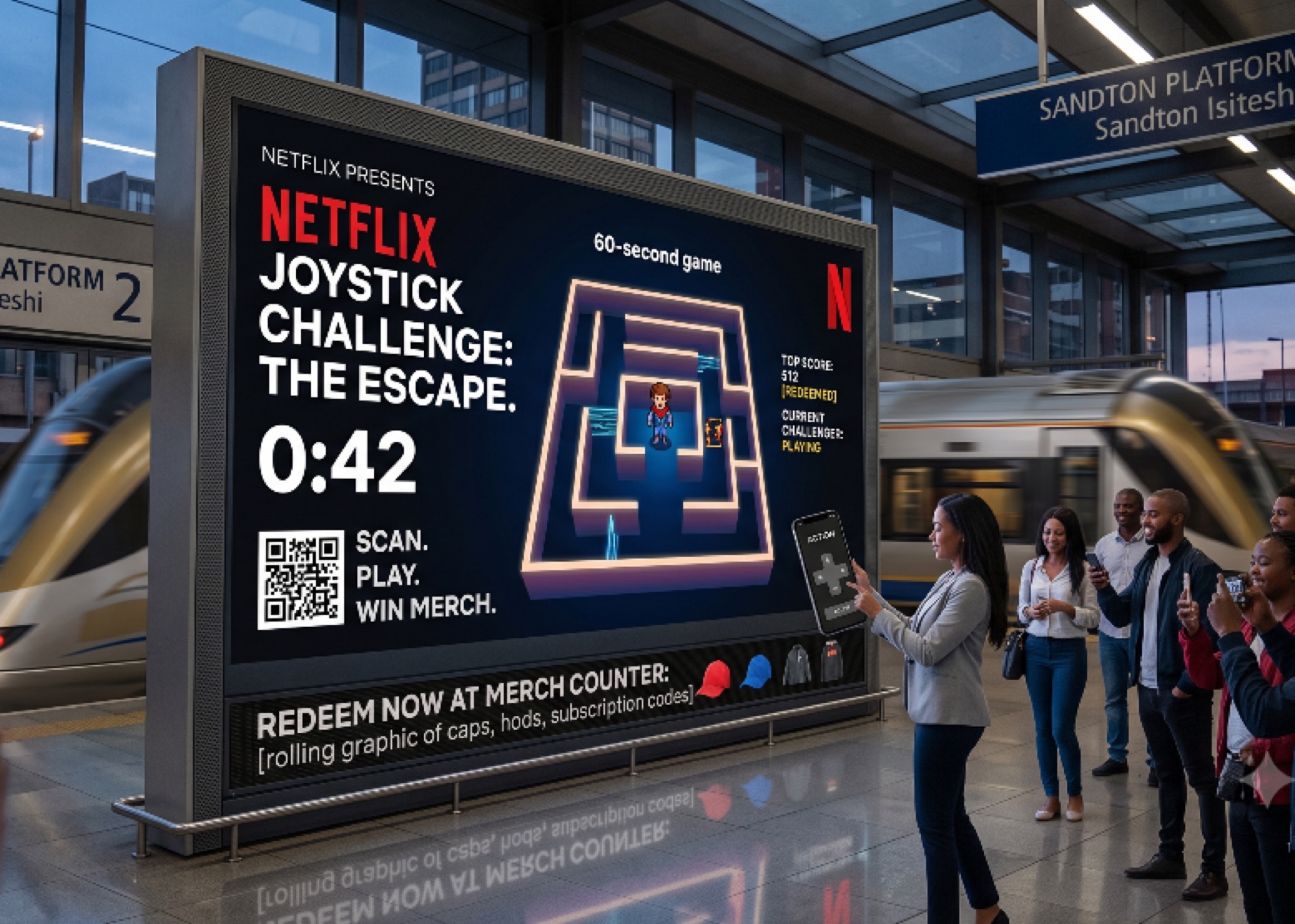 Commuters on a Gautrain platform playing a 60-second Netflix maze game on a large digital billboard using their phones as joysticks