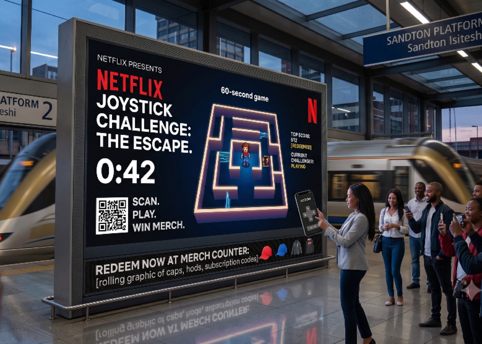 Commuters on a Gautrain platform playing a 60-second Netflix maze game on a digital billboard using their phones as joysticks