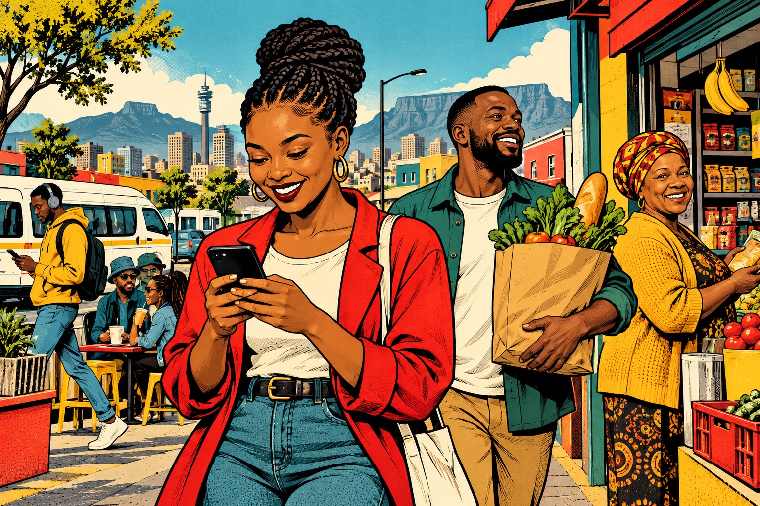 Illustrated South African street scene with shoppers, a grocery stall and minibus taxis
