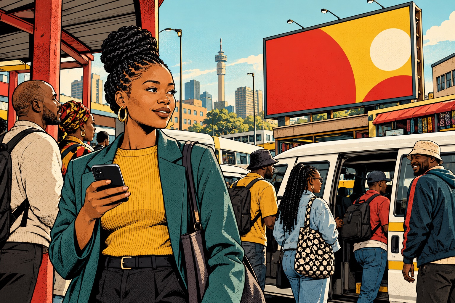 Illustrated taxi rank with commuters boarding minibus taxis beneath a billboard